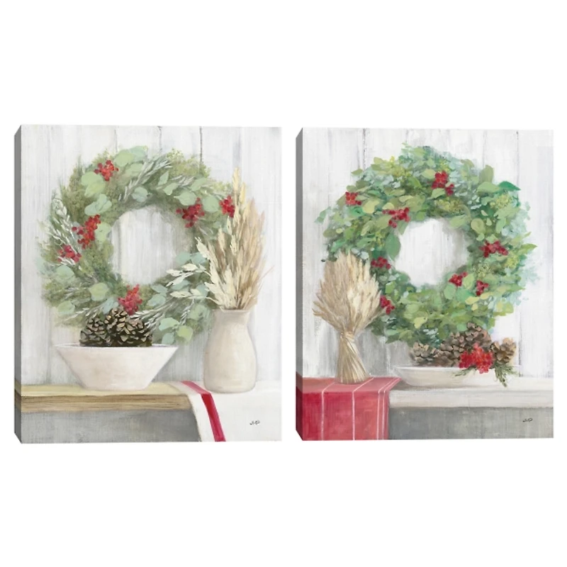 Christmas Holly Wreath Canvas Art Prints, Set of 2