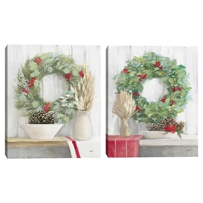 Christmas Holly Wreath Canvas Art Prints, Set of 2