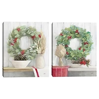 Christmas Holly Wreath Canvas Art Prints, Set of 2