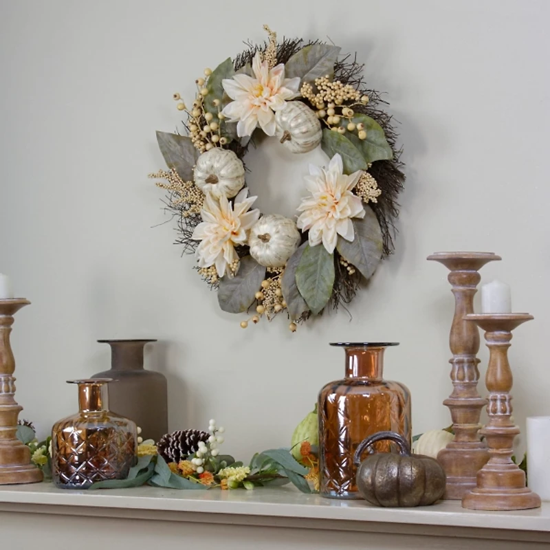 White Dahlia and Pumpkin Harvest Wreath