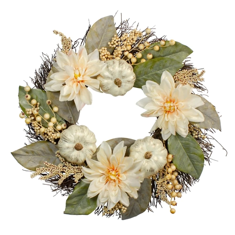 White Dahlia and Pumpkin Harvest Wreath
