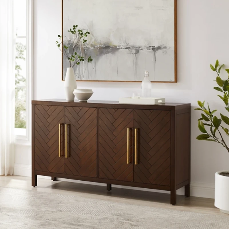 Brown Wood Herringbone 4-Door Cabinet