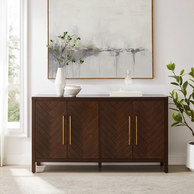 Brown Wood Herringbone 4-Door Cabinet