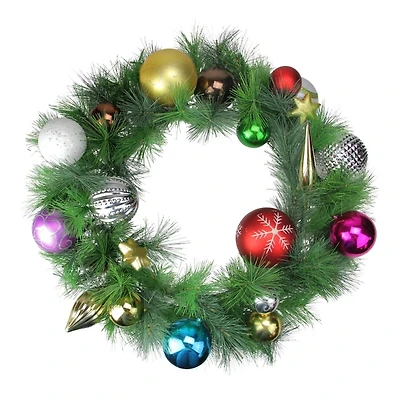 Multicolored Ornaments and Pine Wreath