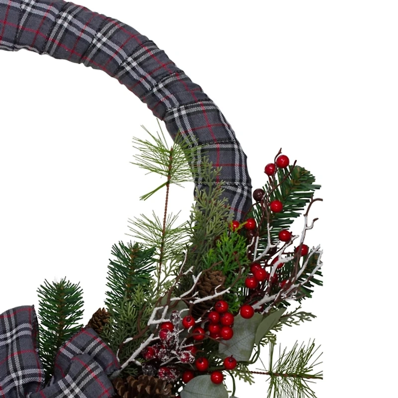 Gray Plaid Pine and Berries Wreath