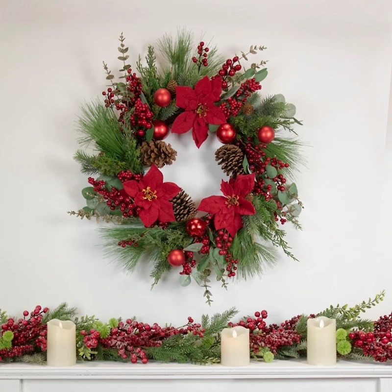 Poinsettia and Red Berry Wreath