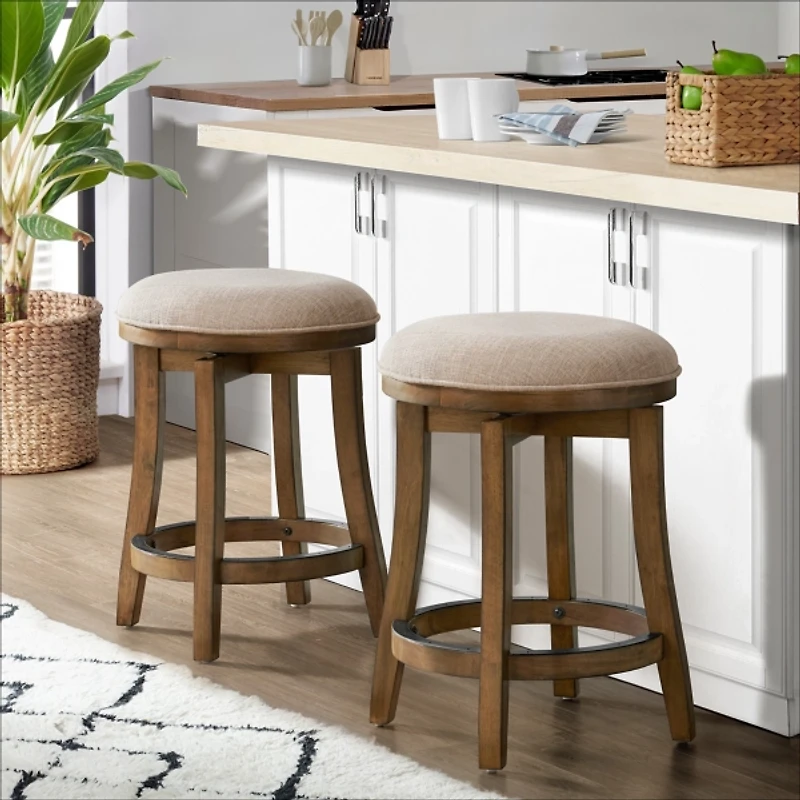 Natural Linen Barrel Base Swivel Counter Stool Set