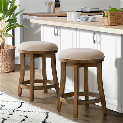Natural Linen Barrel Base Swivel Counter Stool Set