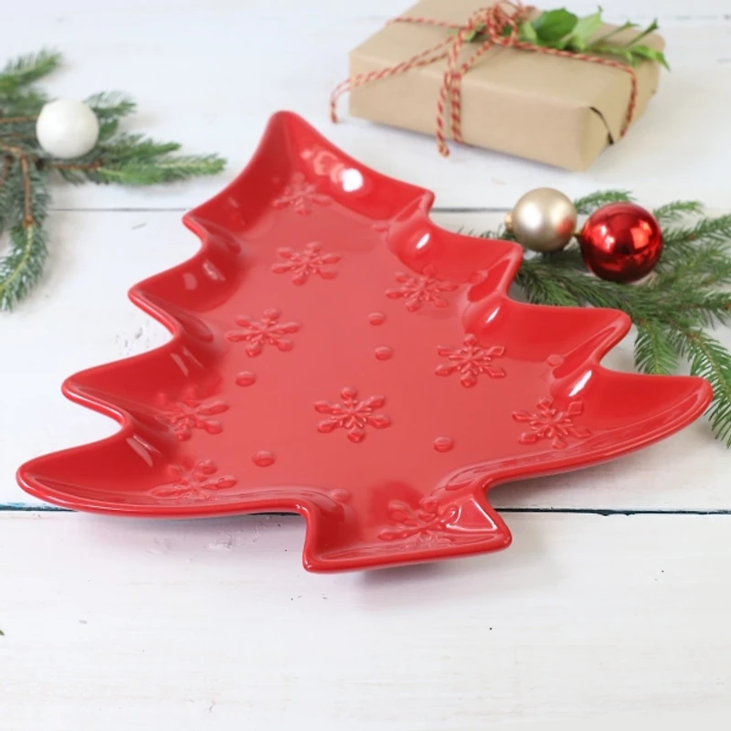 Red Christmas Tree and Snowflakes Serving Platter