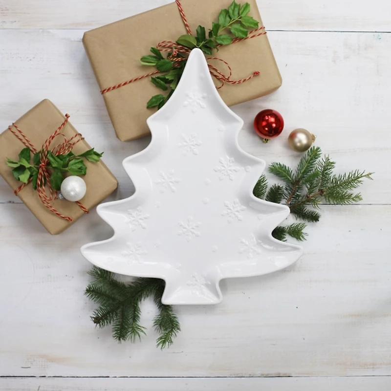 White Christmas Tree & Snowflakes Serving Platter