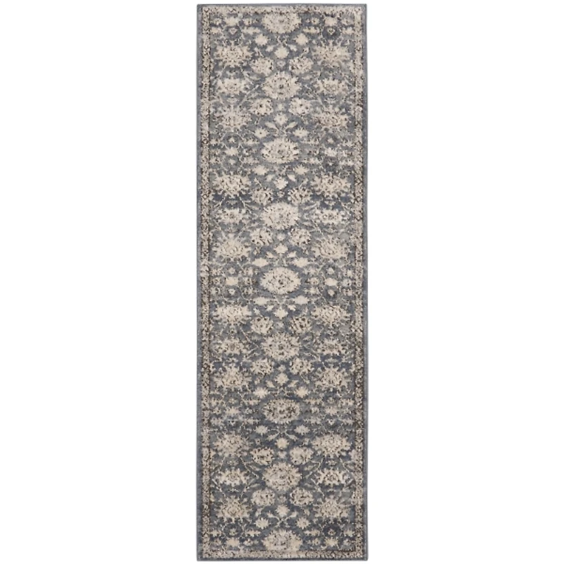 Smokey Blue and Ivory Floral Runner, 2x7
