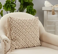 Beige Macrame Design Throw Pillow