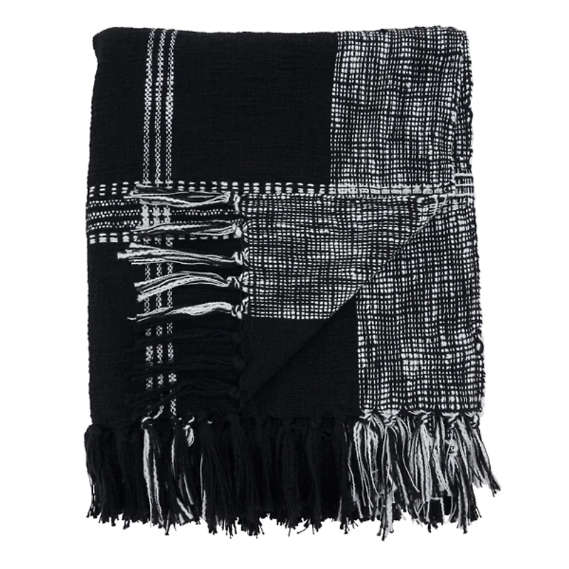 Black and White Plaid Fringed Throw