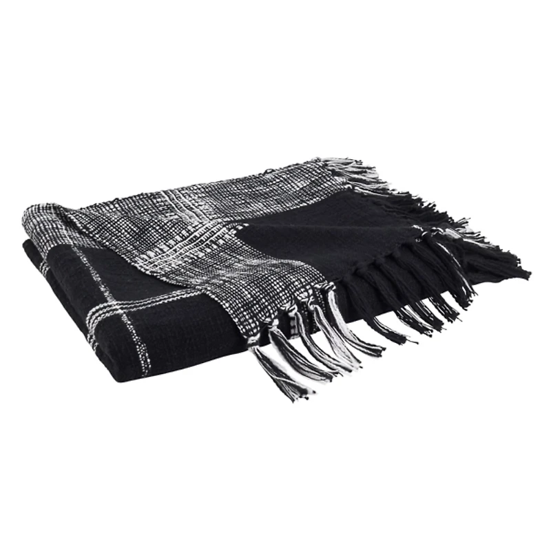 Black and White Plaid Fringed Throw