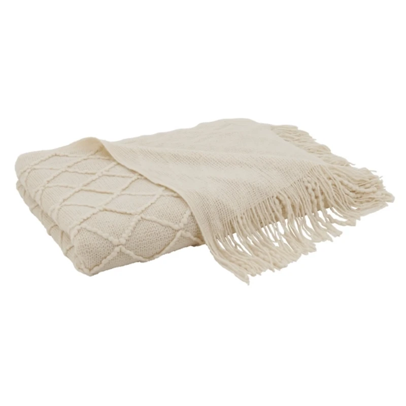 Knitted Beige with Fringe Throw Blanket