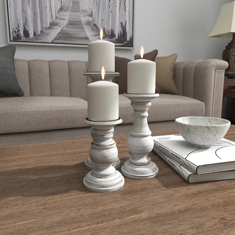 Distressed White Wood 3-pc. Candle Holder Set