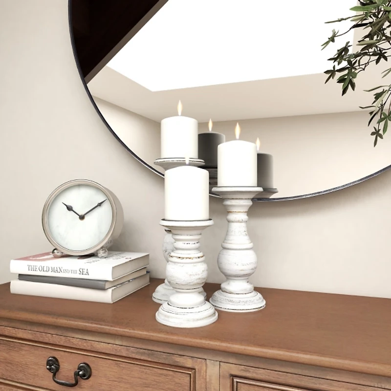 Distressed White Wood 3-pc. Candle Holder Set