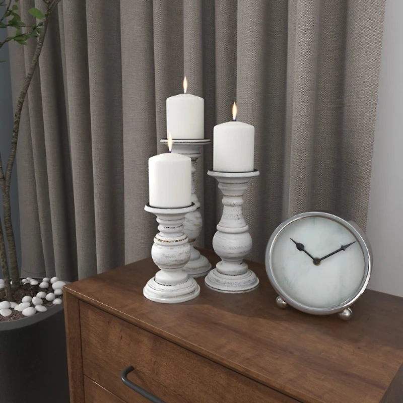 Distressed White Wood 3-pc. Candle Holder Set