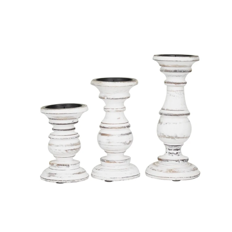 Distressed White Wood 3-pc. Candle Holder Set
