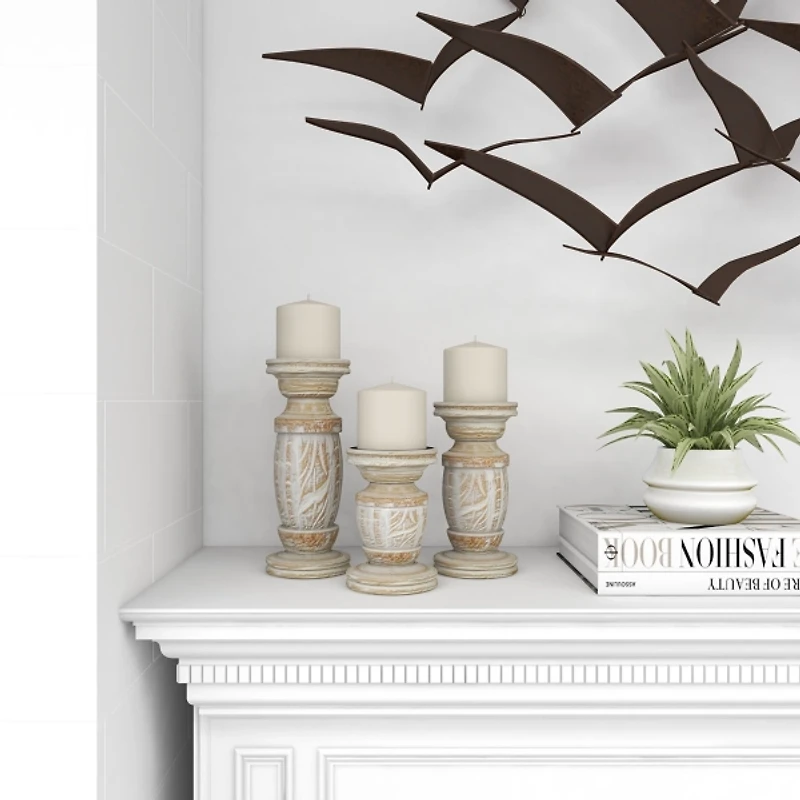 White Carved Wood Candle Holders, Set of 3
