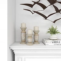 White Carved Wood Candle Holders, Set of 3
