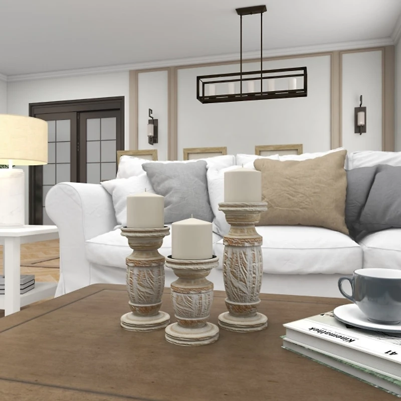 White Carved Wood Candle Holders, Set of 3