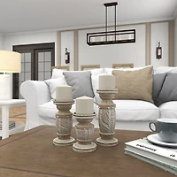 White Carved Wood Candle Holders, Set of 3