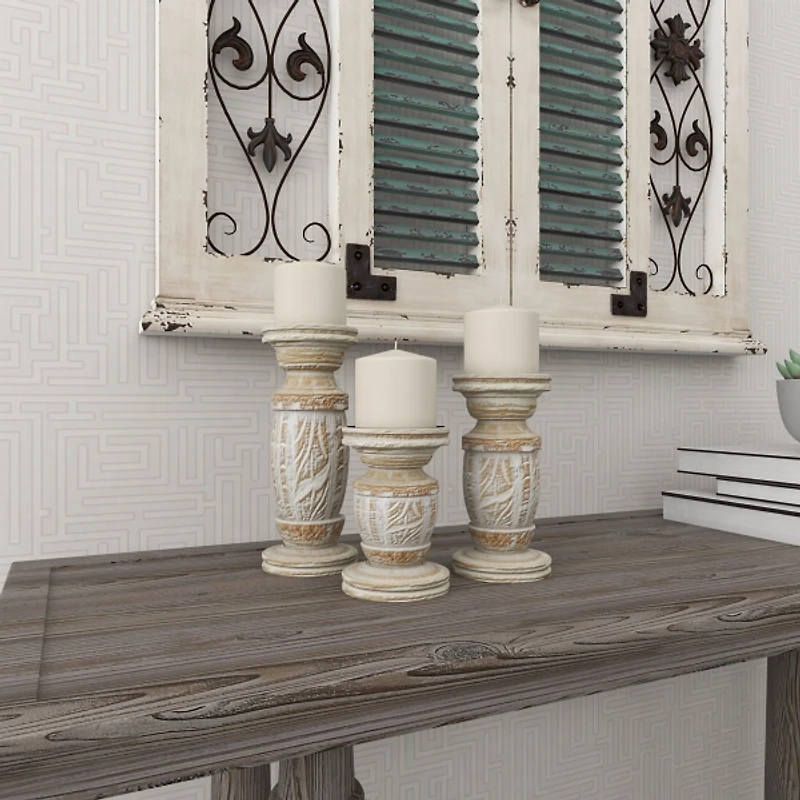 White Carved Wood Candle Holders, Set of 3