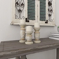 White Carved Wood Candle Holders, Set of 3