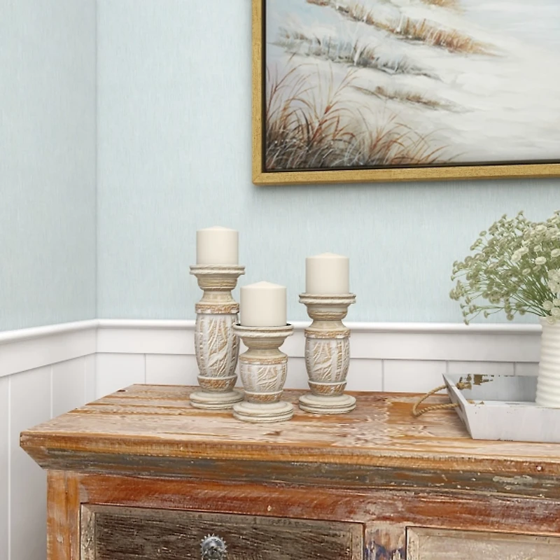 White Carved Wood Candle Holders, Set of 3