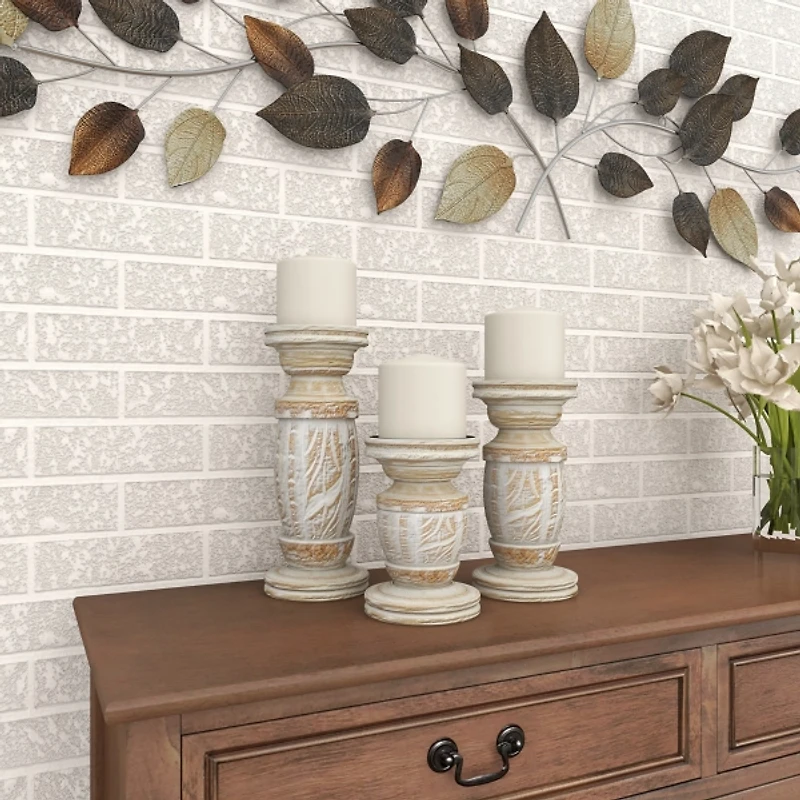 White Carved Wood Candle Holders, Set of 3