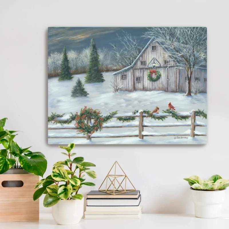 Winter Barn with Wreath Christmas Canvas Art Print
