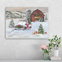 Snowy Farm with Truck Christmas Canvas Art Print