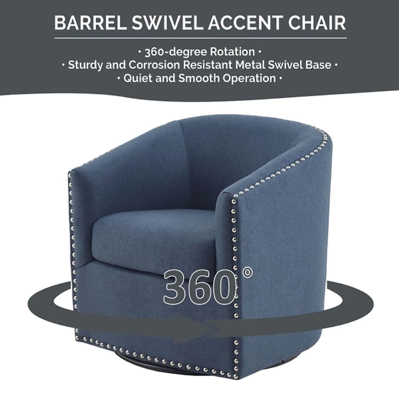 Navy Upholstered Nailhead Swivel Accent Chair