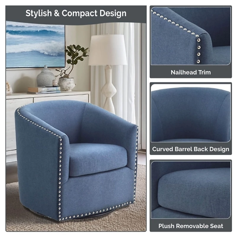 Navy Upholstered Nailhead Swivel Accent Chair