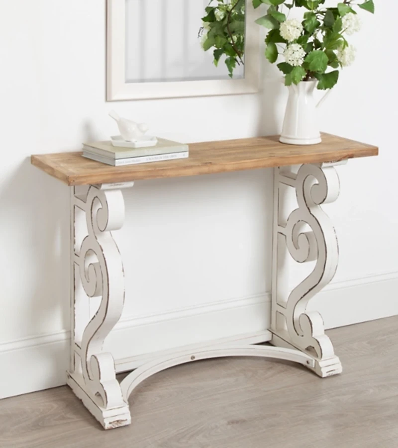 Distressed White and Brown Wood Console Table