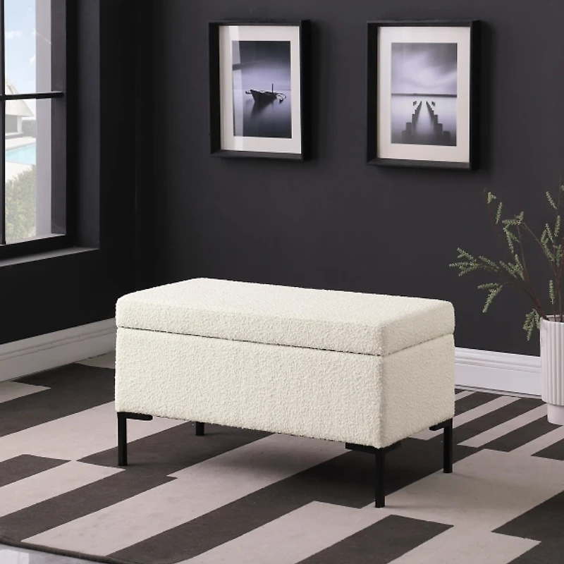 Cream Boucle Black Metal Storage Bench