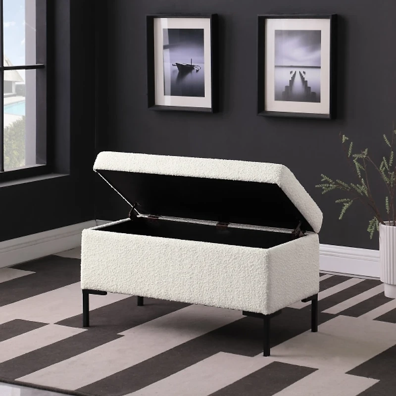 Cream Boucle Black Metal Storage Bench