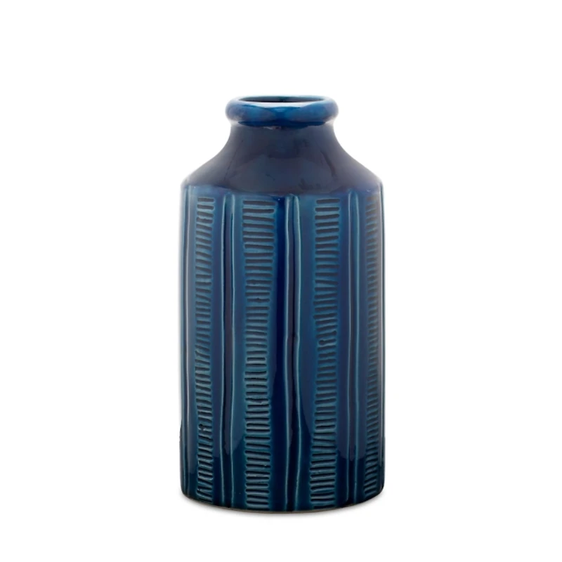 Blue Ribbed Terracotta Vase, 10 in.