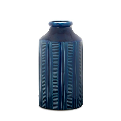 Blue Ribbed Terracotta Vase, 10 in.