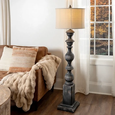 Black Distressed Carved Floor Lamp