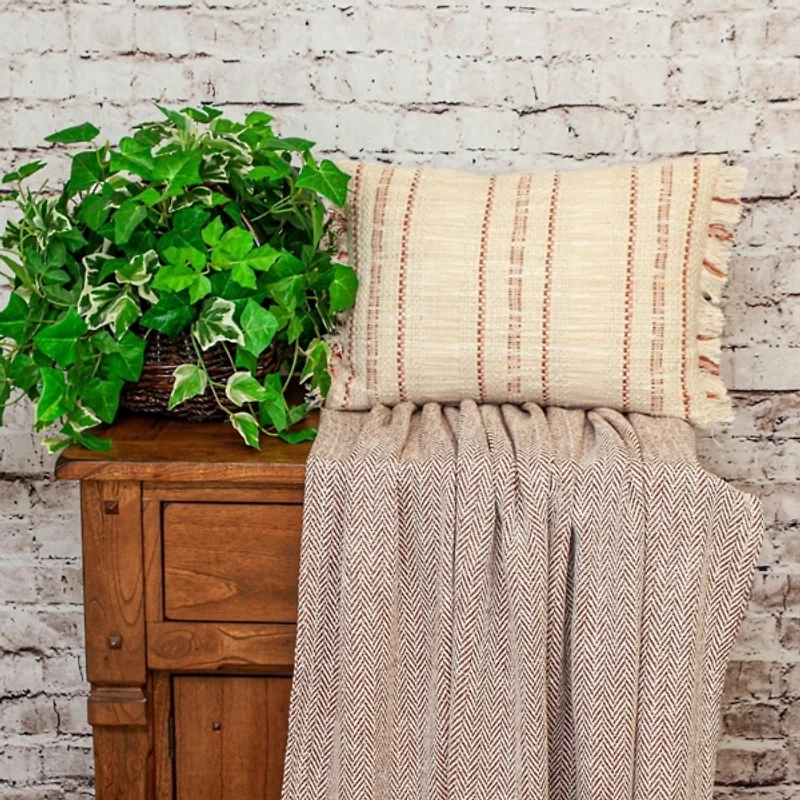 Beige Woven Red Stripes Lumbar Pillow