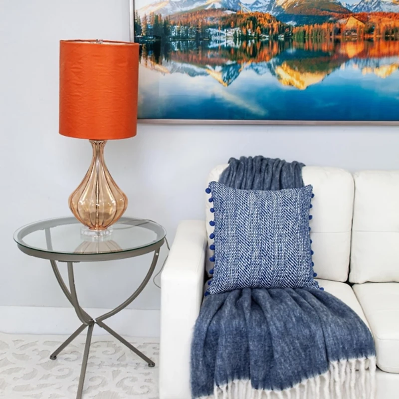 Blue Woven Pom Pom Pillow