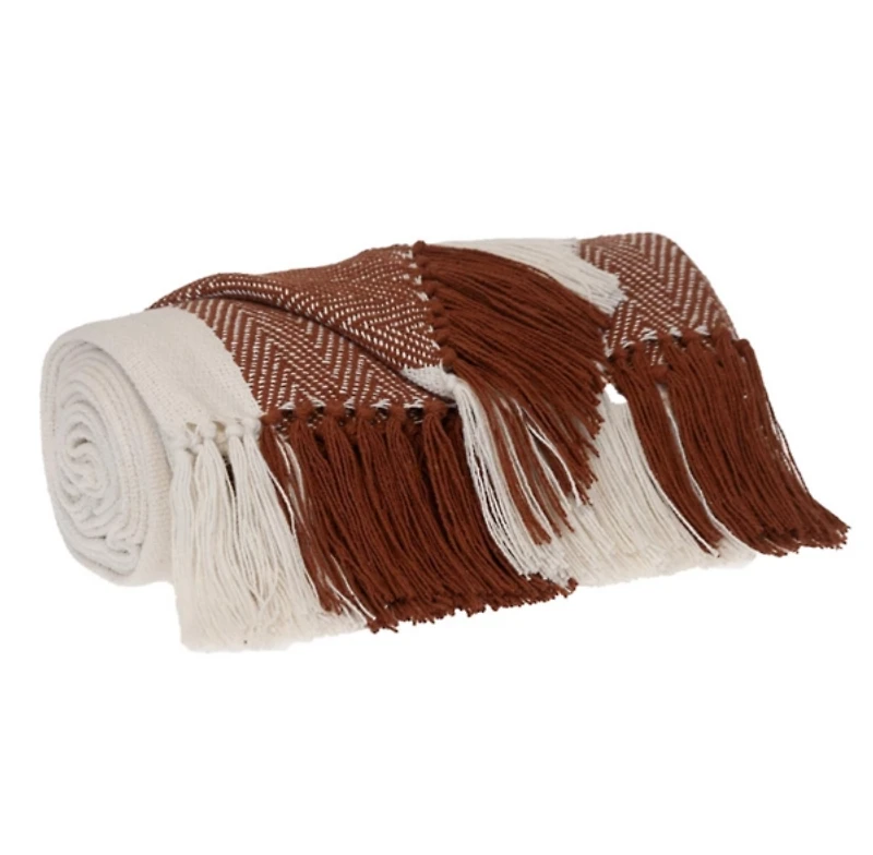 Rust Chalet Striped Fringe Throw