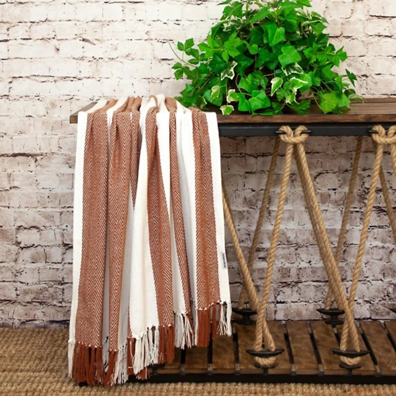 Rust Chalet Striped Fringe Throw