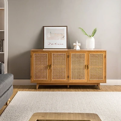 Tan Cane Wood Storage Media Cabinet