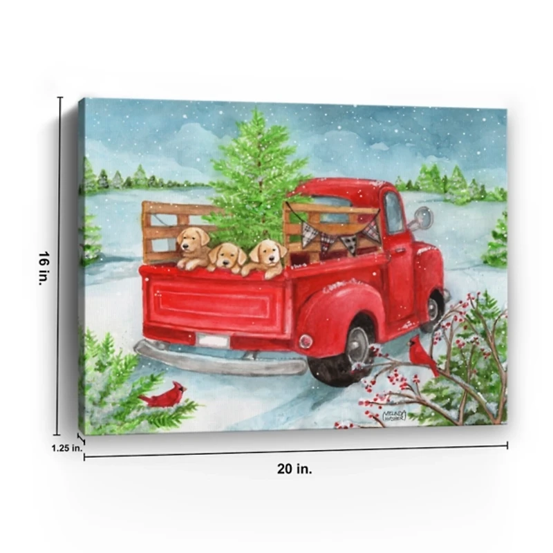 Holiday Puppies in Truck Canvas Art Print
