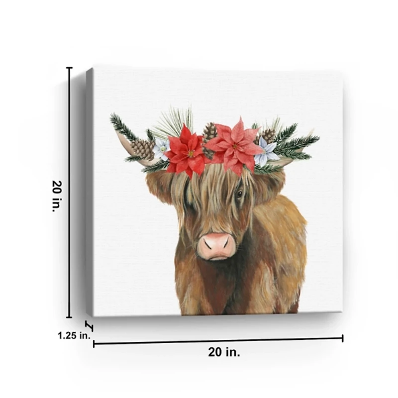 Poinsettia Highland Cow Canvas Art Print