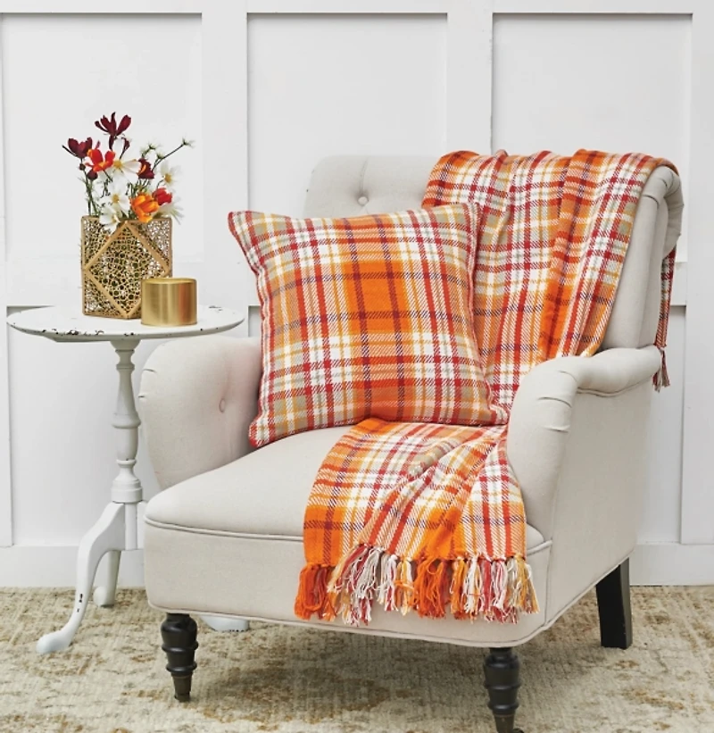 Bright Orange Harvest Plaid Throw