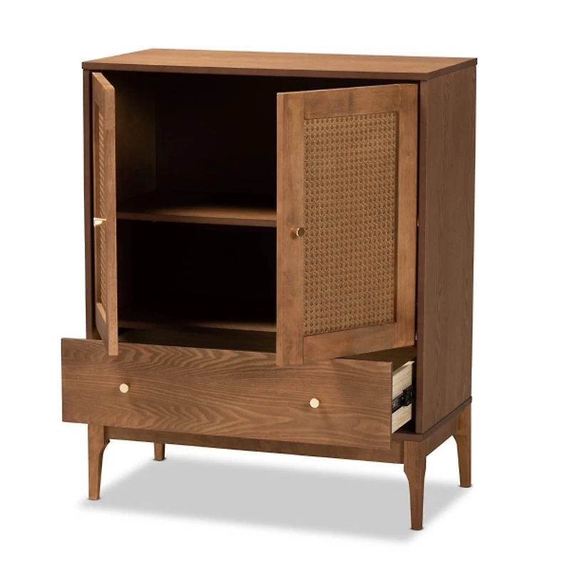 Mid-Century Modern Rattan Walnut Cabinet